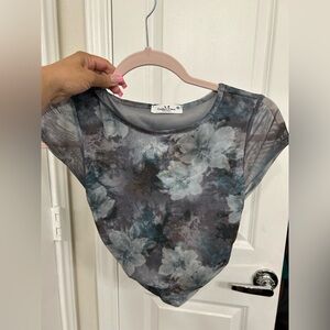 Kendall & Kylie Sheer Floral Mesh Crop Top in Gray and Blue